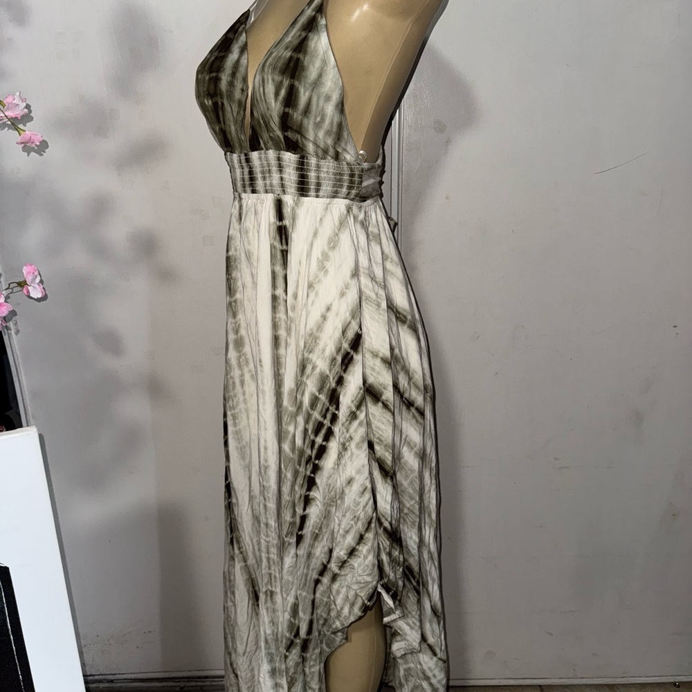 Fashion Nova Green and White Asymmetrical High-Low Sundress